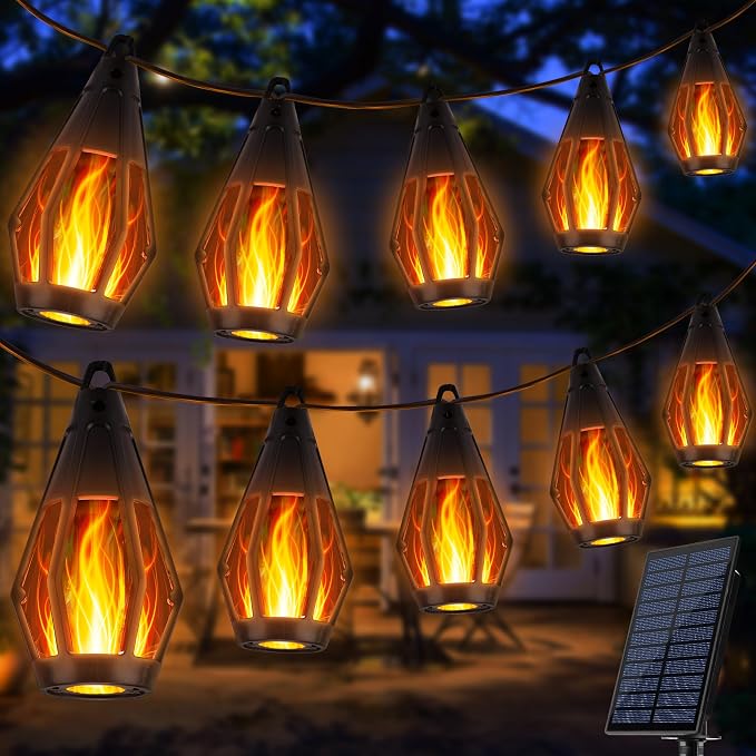 iBaycon Solar Flame String Lights, 42FT 15 LED Bulbs Waterproof, Warm White | Ultra-Real Flickering Flame Lamp Outdoor Waterproof, Solar Patio String Lights for Garden Yard Lawn Decorations