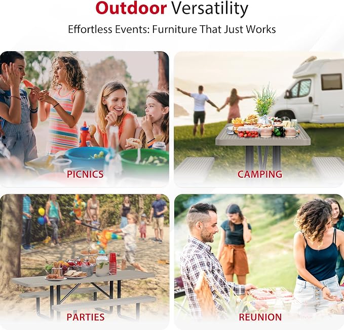 Leisure Craft Metal Picnic Table with Bench - 8 ft Rectangle Outdoor Dining Table with Umbrella Hole, Heavy Duty Thermoplastic Coating, ADA Compliant, Commercial Grade Furniture Made in USA - Beige