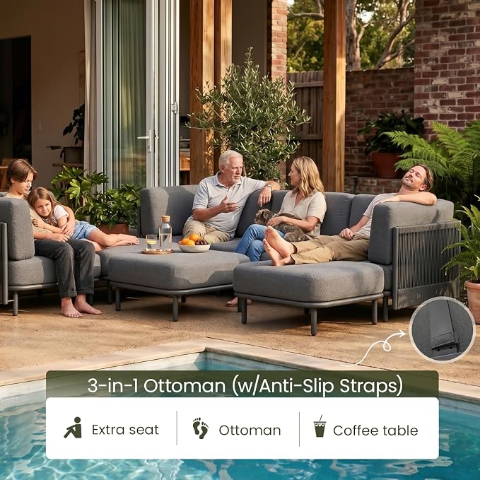 LayinSun 5 Pieces Patio Furniture Set, Modern Outdoor Modular Sectional Conversation Set L-Shaped Sofa with 7-inch Cushion for Garden Backyard Deck