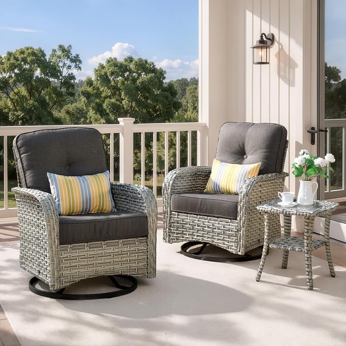 Outdoor Swivel Rocking Chair Set of 2 with Coffee Table, Wicker Patio Glider Chairs with 4 Inch Thick Cushions, 350lbs Capacity High Back Rattan Furniture Set for Sunroom and Small Spaces, Black