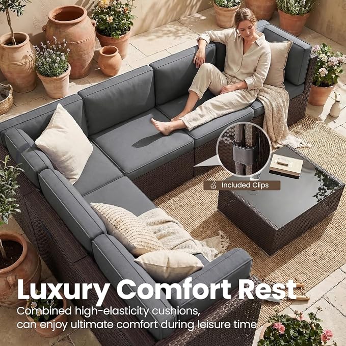 8 Pieces Patio Furniture Set with 44" Propane Gas Fire Pit Table, Outdoor Sectional Brown Rattan Wicker Conversation Sofa Sets with Coffee Table