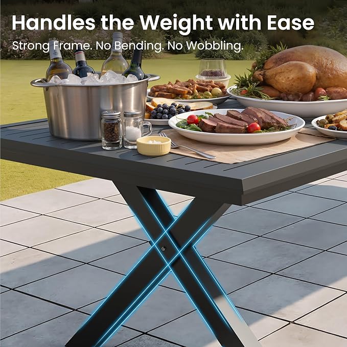 Crestlive Products 118" Outdoor Aluminum Dining Table for 12 People, Black Extra Long Patio Table with X Frame Legs and Adjustable Umbrella Hole, Heavy Duty Backyard Deck Garden Dining Tables