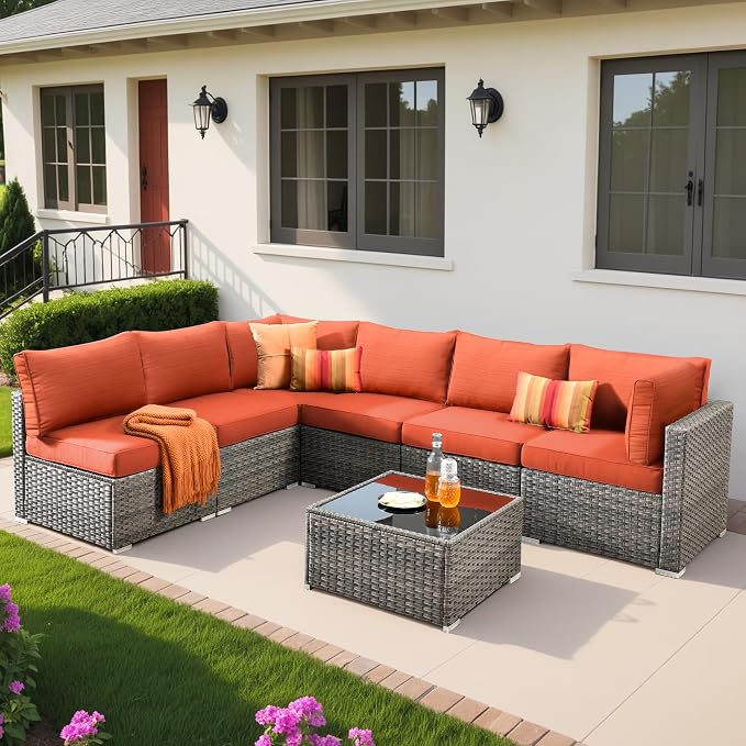 Weaxty 7 Pieces Outdoor Patio Furniture Set,Wicker Sectional Sofa Couch with Thicken Cushion and Glass Coffee Table,All Weather Rattan Patio Conversation Sets for Porch,Poolside,Backyard,Orange Red