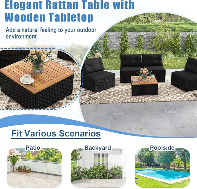 DORTALA 5 Piece Wicker Patio Furniture Set, PE Rattan Outdoor Sectional Conversation Set with Acacia Wood Coffee Table, 4 Chairs for Deck, Backyard, Poolside, Black