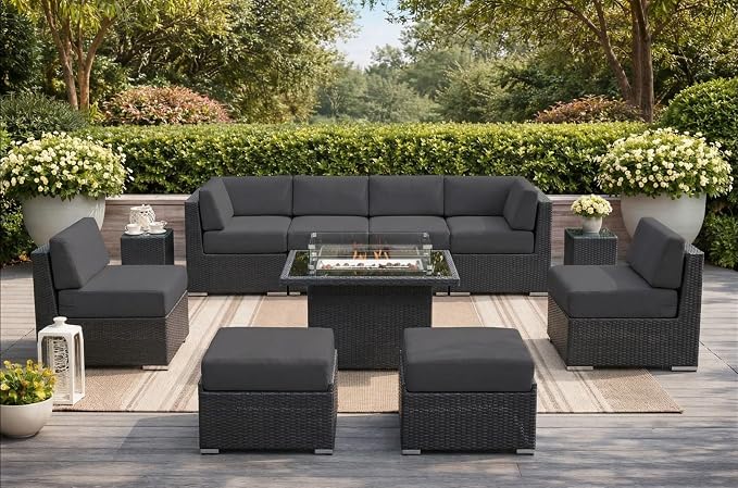 Fully Assembled 11 Piece Outdoor Aluminum Wicker Patio Furniture with 6-inch Gray All-Weather Rainshield Cushions, Oversized Seats and 42-inch Fire Table