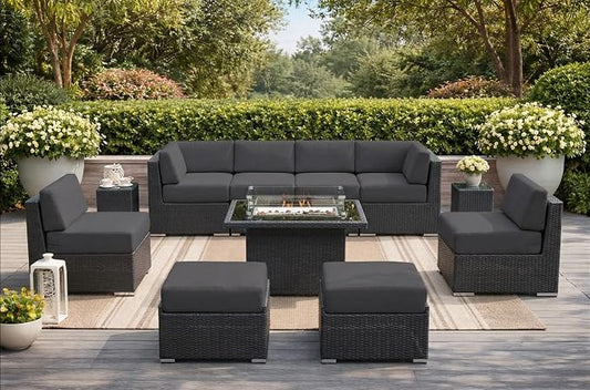 Fully Assembled 11 Piece Outdoor Aluminum Wicker Patio Furniture with 6-inch Gray All-Weather Rainshield Cushions, Oversized Seats and 42-inch Fire Table