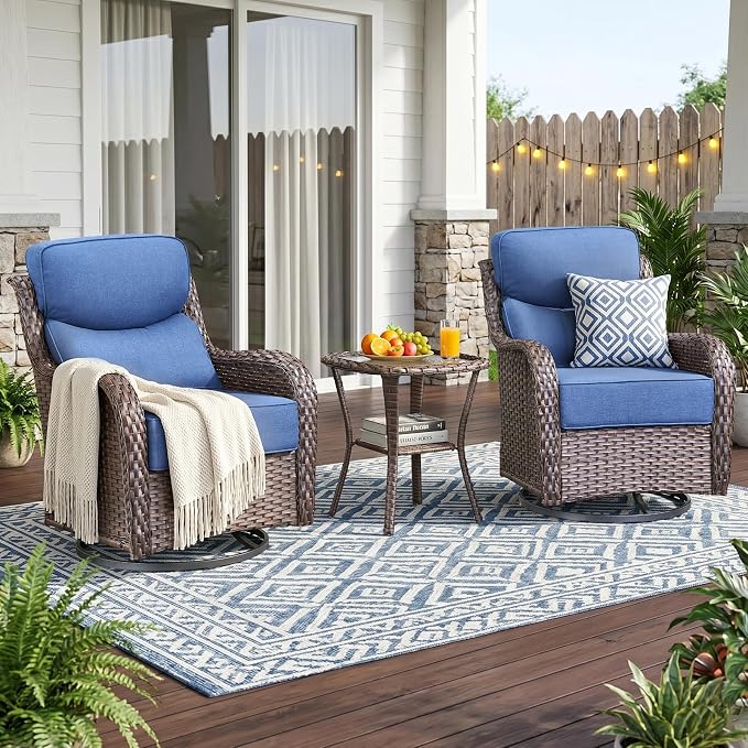 Luxury High Back Outdoor Swivel Rocker Patio Chairs with Side Table & 6-Inch Thick Cushions, 3 Pieces Patio Furniture Set for Porch, Balcony, Deck and Yard