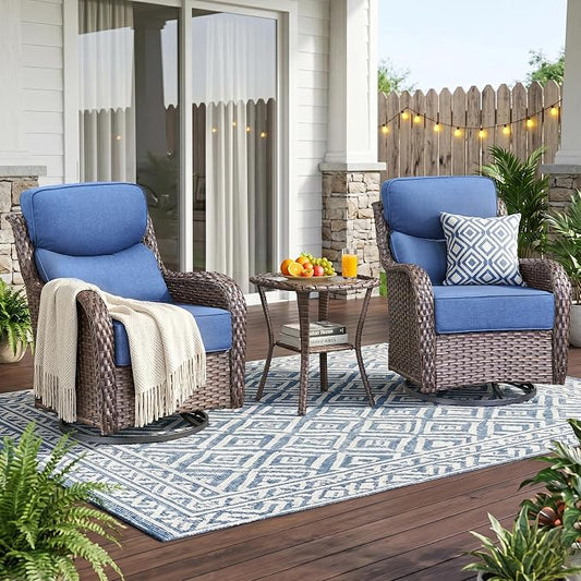 Luxury High Back Outdoor Swivel Rocker Patio Chairs with Side Table & 6-Inch Thick Cushions, 3 Pieces Patio Furniture Set for Porch, Balcony, Deck and Yard