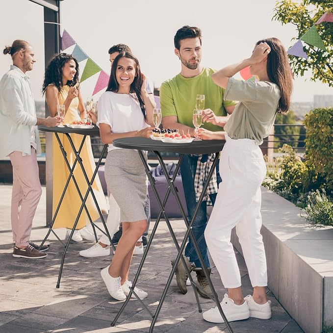 Bonnlo 24" Cocktail Table High Top Table, Folding Round Table Bar Height, HDPE Matrial with Gray Metal Finish for Outdoor Party, Backyard, Dining Room, Wedding Event,Black- 2PCS