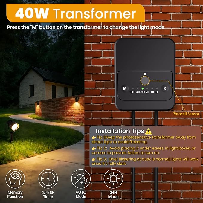 Low Voltage Landscape Lighting Kit, 3000K Spotlights Outdoor 4Pack | All-in-One Landscape Lights with 40W Transformer Dusk to Dawn, 33FT Wire, IP66 Waterproof Outdoor Lights for Yard Path 12-24V