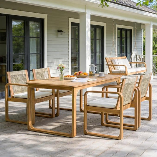 Christopher Knight Home Trazy Acacia Wood Outdoor Dining Set for 4, Patio Dining Table Set for 4, Outdoor Dining Table and Sled Base, Dining Chairs with Cushion + Rope Backrest, Teak + Brown + Beige