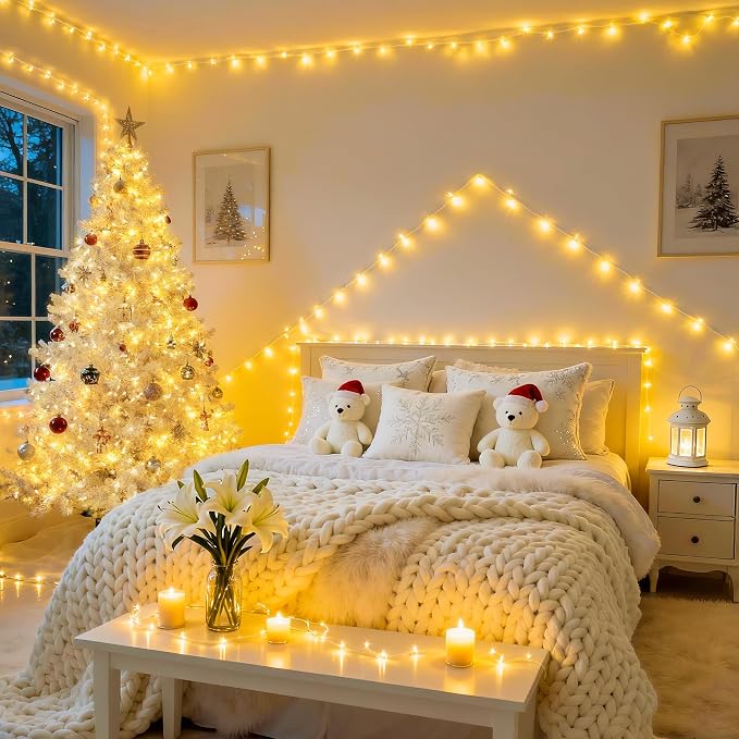 JMEXSUSS Indoor String Lights for Bedroom, 800 LED Christmas Lights Outdoor | 131 Ft Classroom Lights Clear Wire With Remote,Plug-In, Dimmable, Hanging Light for Backyard Porch Party Decor, Warm White