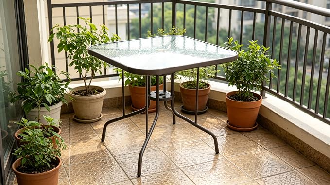 Patio Dining Table 35” Square Tempered Glass Top Outdoor Bistro Table for 4 Persons with 1.5” Umbrella Hole and Sturdy Metal Frame Brown for Backyard Lawn Deck Poolside