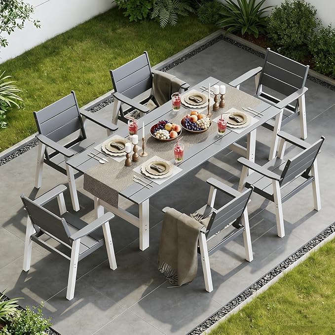 Outdoor Dining Set for 6, 7-Piece Patio Table and Chairs Set, HDPE Outdoor Dining Table and Chairs with Umbrella Hole, All-Weather Dining Furniture Set,White Grey