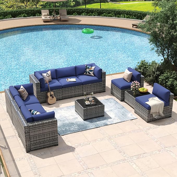 Aoxun 10 Piece Patio Furniture Set Wicker Rattan Patio Conversation Set Outdoor Sectional Sofa Set with Coffee Table and Thickened Cushions, Gray/Blue