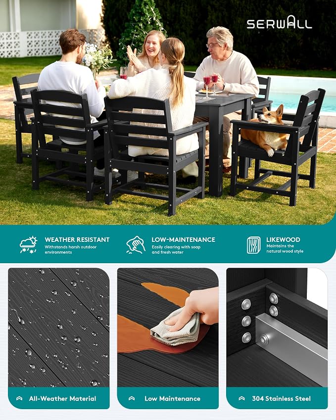 SERWALL 59" HDPE Outdoor Dining Set for 6, w/ 1 Table & 6 Chairs, Black | Armless Patio Dining Sets for All Weather Use