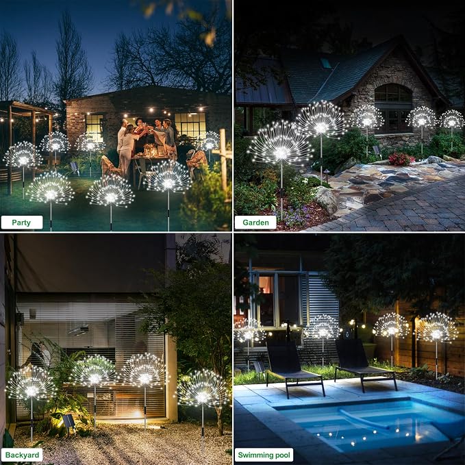 Slyuexu Solar Garden Lights Outdoor Waterproof, 4 Pack Total 480 LED Solar Firework Lights Decorative with 8 Lighting Modes Outside for Yard Pathway Flowerbed Decor, White