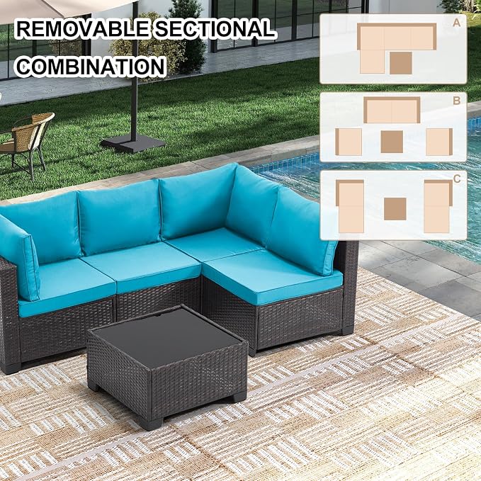 CANMOV 5 Pieces Patio Furniture Sets, All Weather Outdoor Patio Conversation Set, Wicker Rattan Sectional Sofa Couch Glass Coffee Table and Washable Cushions for Backyard Garden, Porch, Peacock Blue