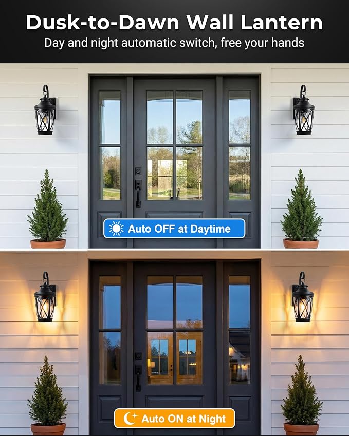 VIANIS 2-Pack Outdoor Wall Lights, Black Dusk to Dawn Porch Light Fixture, 100% Aluminum Outside Garage Lights with Glass Shade, Outdoor Sconce Lights Wall Lantern for House, Exterior Light for Patio
