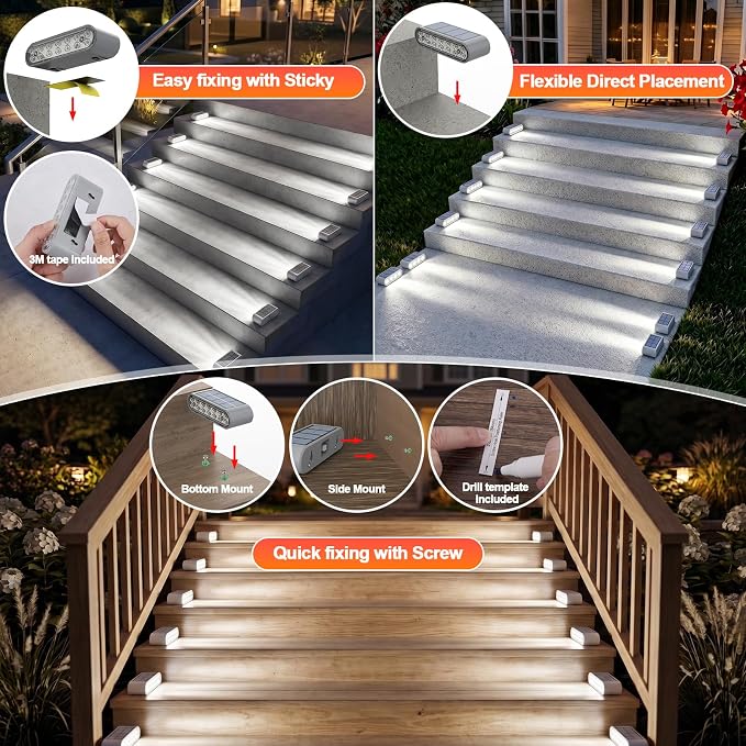 Solar Step Lights for Outside, 8-Pack Stair Light Outdoor Waterproof IP67, 14 LED Cool White Light Solar Powered Lighting for Steps, Stairs, Deck, Patio, Walkway, Front Porch Decor