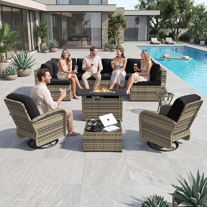 Aoxun 11 Piece Outdoor Patio Furniture Set with 44'' Fire Pit Table, Wicker Rattan Outdoor Furniture with High Back Swivel Rocker Chairs, Outdoor Sofa Set with Thick Cushion & Side Table, Black