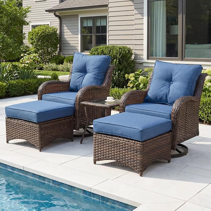 Luxury Patio Conversation Set, 5-Piece Ergonomic High Back Wicker Swivel Chair Set with 6-Inch Deep Seating Cushions, Large Patio Furniture Set for Garden, Deck & Balcony, Navy Blue