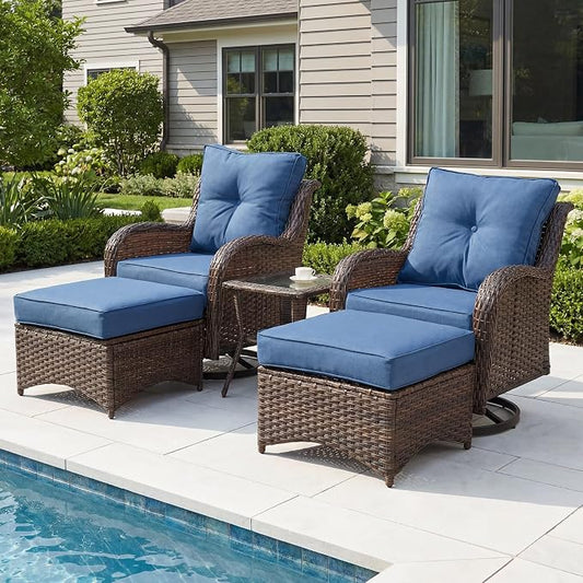 Luxury Patio Conversation Set, 5-Piece Ergonomic High Back Wicker Swivel Chair Set with 6-Inch Deep Seating Cushions, Large Patio Furniture Set for Garden, Deck & Balcony, Navy Blue