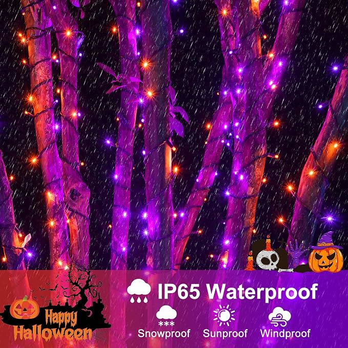 2 Pack Halloween Lights, Total 200FT 600 LED Outdoor String Lights | Orange and Purple, 8 Modes Waterproof Plug in Halloween Decorations for Outside Indoor House Patio Garden Party Holiday