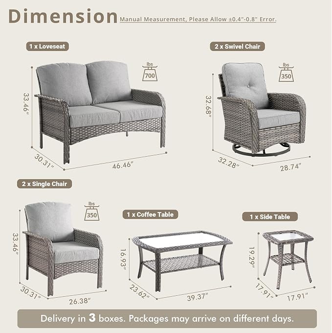 7 Piece Wicker Patio Furniture Set with Swivel Chairs, Dark Gray | High Back Rocking Chair Sofa, Heavy Duty All Weather Rattan Outdoor Conversation Set, Thick Cushion, Balcony Porch Backyard