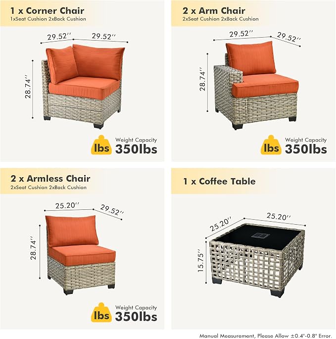 HOOOWOOO Outdoor Sectional Patio Furniture Set,6 Pieces Wicker Conversation Sets L Shaped Couch,Extra Deep Out Door Sofa Outside Furniture,Brick Red