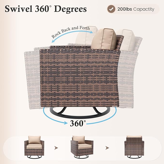 Amopatio Patio Furniture Set, Wicker Outdoor Sectional Sofa with Swivel Rocker Chairs, All-Weather Rattan Conversation Set, Storage Coffee Table, Waterproof Cover for Backyard, Deck Brown/Khak 6 PCS