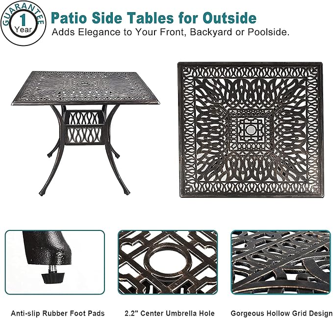35.4" Square Patio Dinning Table, Outdoor Weather Resistant Cast Aluminum Conversation Table with 2.2" Umbrella Hole, Bronze