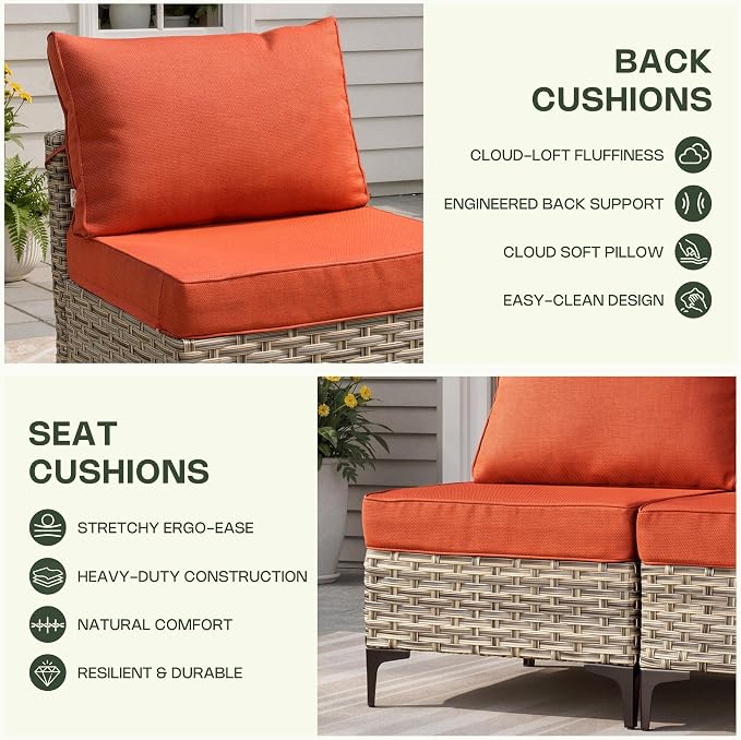 11 Piece Patio Furniture Set Outdoor Sectional with 54" Fire Pit Table, Wicker Swivel Rocking Chairs and L-Shaped Rattan Couch, Modular Conversation Set with Solar Coffee Table for Backyard, Red