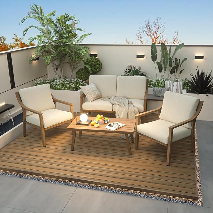HAPPATIO 4-Piece Patio Furniture Set - Outdoor Aluminum Patio Conversation Set Includes 1 Loveseat, 2 Armchairs, and 1 Coffee Table, Perfect for Porch, Deck, Garden, (Beige)
