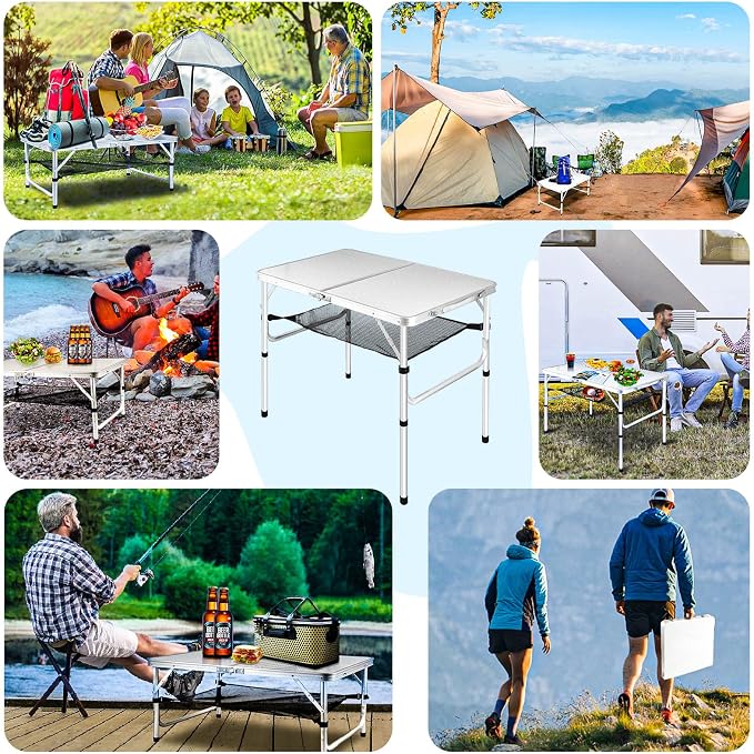 Medium Folding Table, 35" x 24" Portable Camping Table with 2 Adjustable Height Max 28", 3FT Foldable Table with Storage Net, White Metal Table for Patio, BBQ, Camping and Backpacking