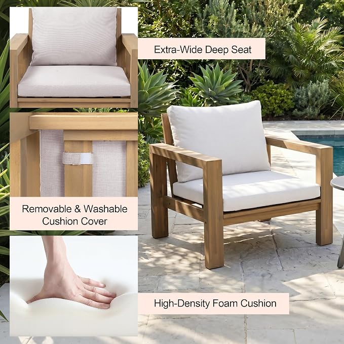 4 Pieces Patio Sofa Set Outdoor Seating Group 5-Person Sofa Set Outdoor Conversation Set with Cushions and a Coffee Table for Garden, Backyard,Balcony,Poolside (Light Teak#50)