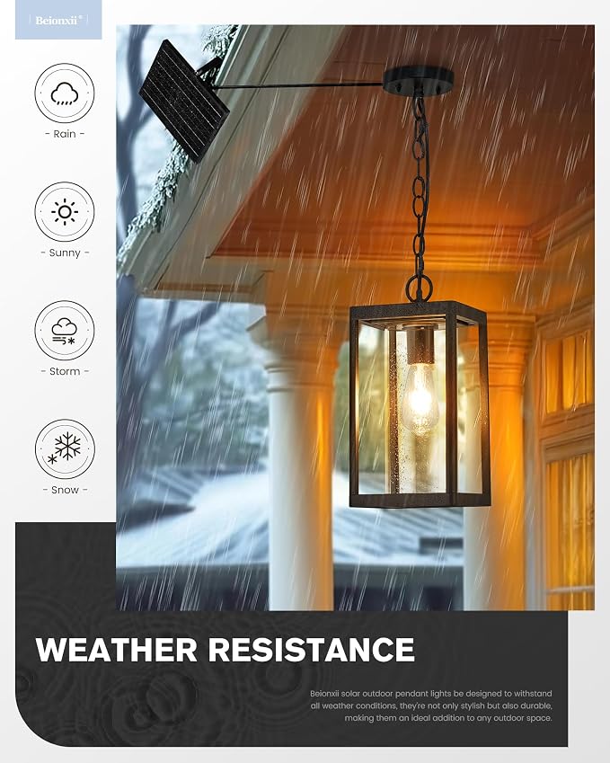 Beionxii 15" Solar Outdoor Pendant Light,Farmhouse Exterior Hanging Lantern | Anti-Rust Aluminum, Waterproof, Dusk to Dawn Modern Outside Chandelier w/Remote and Bulb for Coastal, Porch, Patio, BXA291-SH