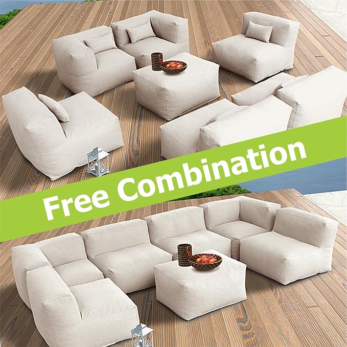 Dineli ANNYH CALALUNA 7Pc Patio Garden Furniture Sectional Conversation Set.Combines 4Middle, 2Corner, 1Ottoman/Coffee Outdoor Exp Foam Filled Chairs. A Unique Modular Contemporary Sofa (Light Beige)