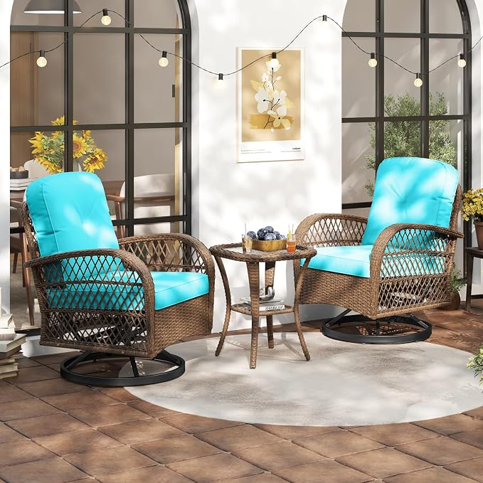 HAPPYGRILL 3 Pieces Patio Furniture Set Outdoor Rattan Swivel Rocker Chairs with Side Table, Outside Sectional Conversation Set with Swivel Rocking Chairs for Deck Porch Garden (Turquoise)