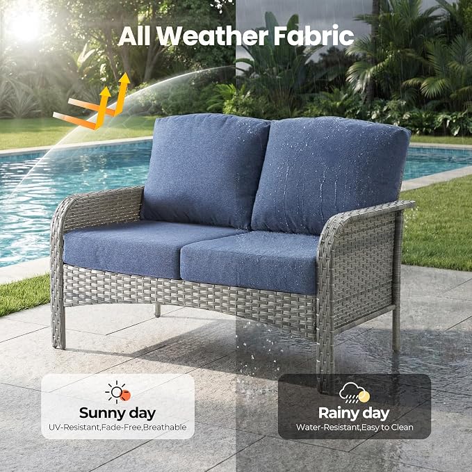 Weaxty Wicker Patio Furniture Set with Swivel Rocker Chairs Outdoor Loveseat Sofa and Rattan Coffee Table, 5 Pieces Outdoor Conversation Sets for Patio Porch Deck Backyard Poolside,Beige