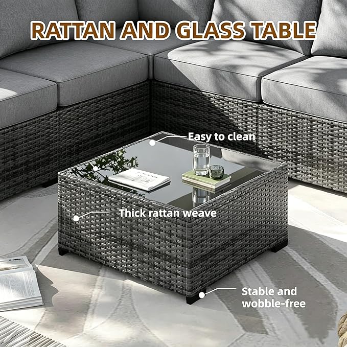 MOCHITO 7 Pcs Outdoor Patio Furniture Sets Grey Rattan Grey Cushions | All-Weather Sectional Sofa, with Glass Table, PE Rattan Wicker Patio Furniture , Washable Cushions, for Balcony Porch Garden