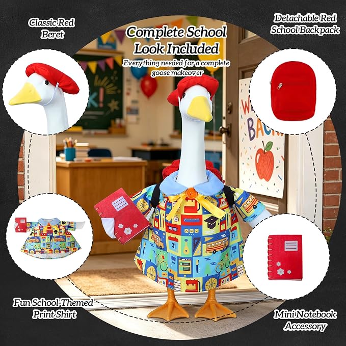 Back to School Porch Goose Outfit with Schoolbag for 23" Porch Goose Statue | Porch Goose Back to School Outfit with Notebook, Classroom Goose for First Day of School, Outdoor, Garden, Yard, Patio Decor