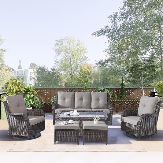 Rilyson 6 Piece Outdoor Patio Furniture Set - Rattan Wicker Patio Conversation Sets with 2 Swivel Rocker Chairs,2 Ottomans,1 Sofa and 1 Coffee Table for Outside Porch Deck Backyard(Brown/Grey)