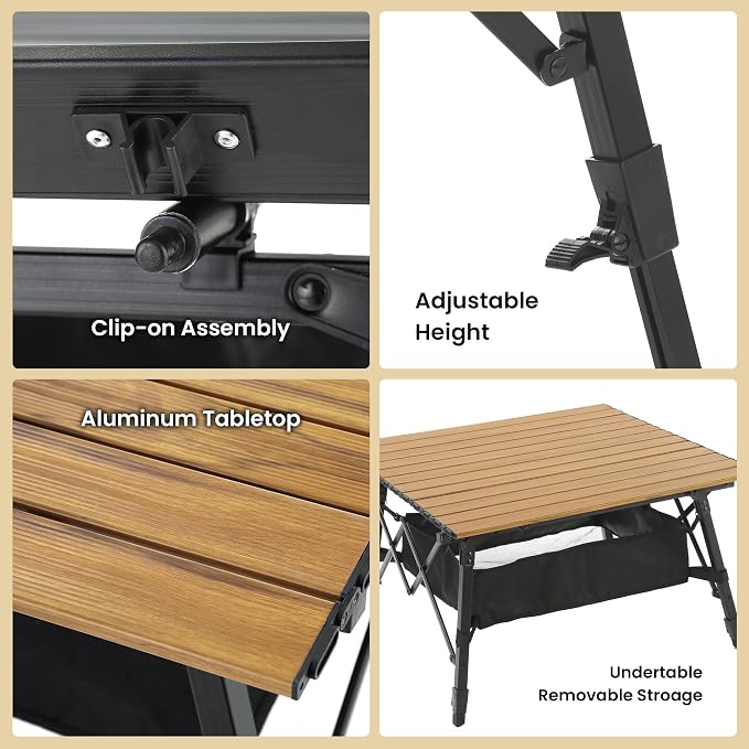 ARROWHEAD OUTDOOR 39" Aluminum Folding Camp Roll Up Table w/Adjustable Height, Undertable Mesh Storage, Carry Bag