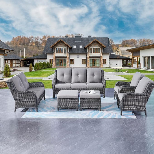 Rilyson Wicker Patio Furniture Set - 6 Piece Rattan Outdoor Sectional Conversation Sets with 1 Sofa,1 Loveseat,2 Armrest Chairs and 2 Ottomans for Porch Deck Garden(Mixed Grey/Grey)