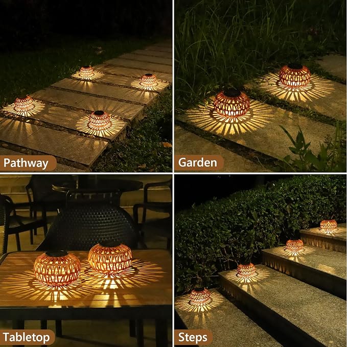 Solar Lights Outdoor Waterproof, 4 Pack Rattan Solar Lantern, Outdoor Solar Lights for Yard, Solar Table Lanterns Decorative, Solar Garden Lights Table Lamp Decor, Outdoor Table Lights Solar Powered