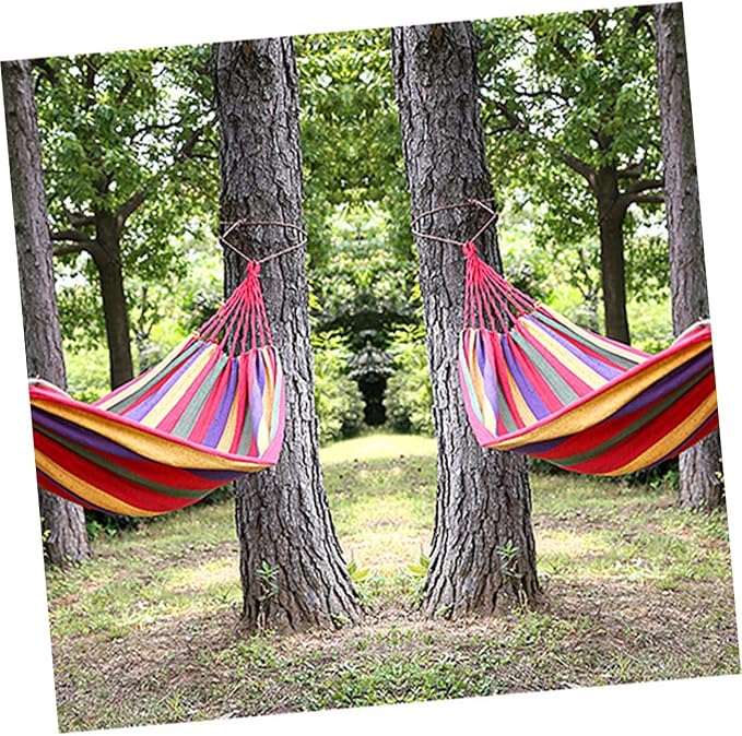 Toddmomy Outdoor Camping Striped Hammock Portable Canvas Hammock for Garden Indoor Use Lightweight Comfortable Easy to Assemble for Hiking Traveling Relaxation European Rainbow