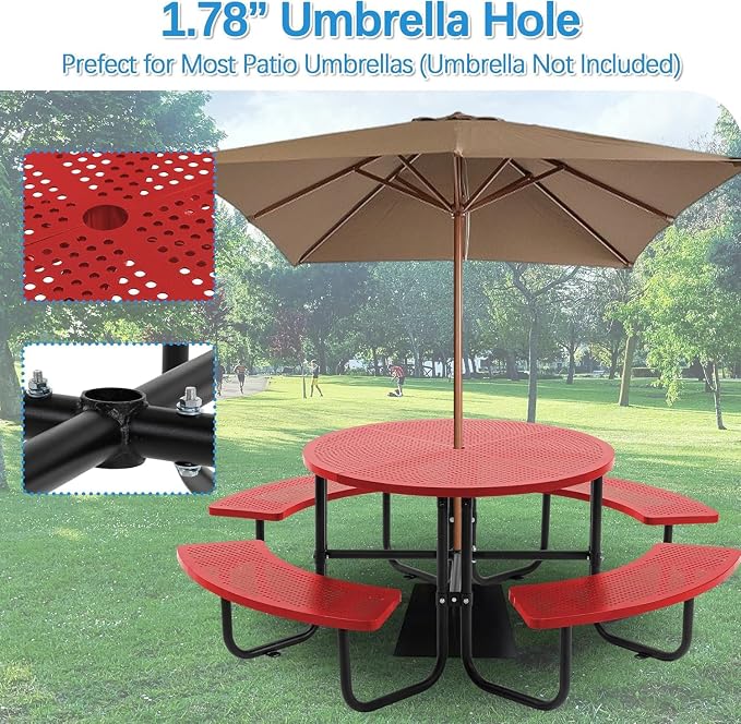 Coated Steel Heavy Duty Picnic Table for Outdoors 3200 lbs Load, Round Camping Table with 1.78" Umbrella Hole, Commercial Picnic Table with Benches, Red