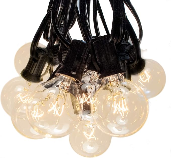 25’ G40 Globe String Lights Set with G40 Clear Light Bulbs and Black Wire | (+ 1 Free Spare) for Outdoor Deck, Patio, Balcony, Awning, Canopy, and Porch Lighting