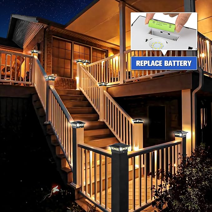 VOLISUN Solar Post Cap Lights: 4 - Pack Outdoor Deck Post Cap Lights Black for Dock Fence Waterproof 2 Color Modes,4x4/6x6 Wooden/Vinyl Posts